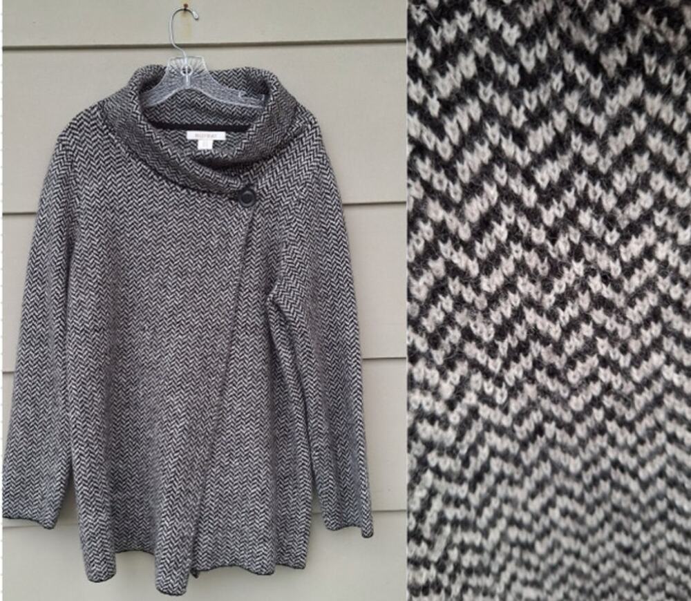 Ellen Tracy Wool blend open Cardigan Sweater cape Herringbone Gray Black 1X